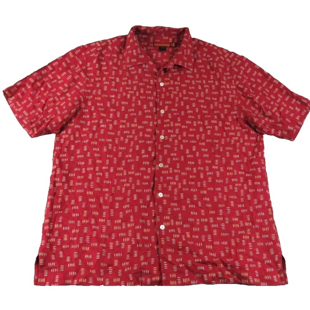 Bullock & Jones‎ Mens M Red 100% Silk Geometric Short Sleeve Button Front Shirt